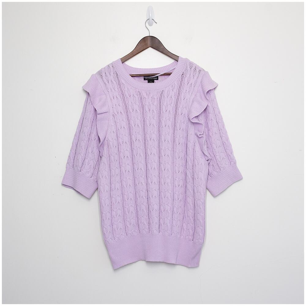 Design 365 Cable Knit Sweater Women 1X Lavender Ruffle Shoulder Coquette Fall